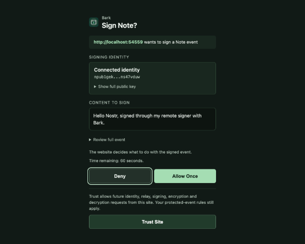 Bark's approval dialog: a site asking to sign a Kind 1 event, with Deny, Allow Once and Trust Site